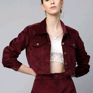 Women Burgundy Corduroy Crop Jacket