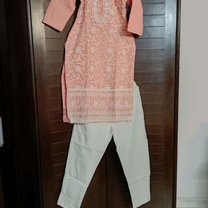 Women Net Thread Embroidered Pink Suit Set