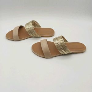 Tan And Gold Flat Sandals.