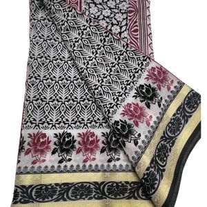 New White Cotton Saree Black Prints #flashsale