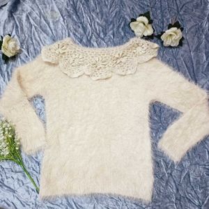 Beutiful Furr Sweater With Crochet Neck Design