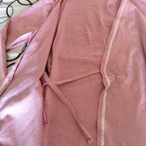 Pink House Robe With Satin Trim & Pockets