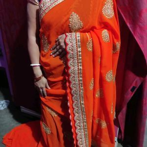 Stone Jari Work Orange Havy Saree