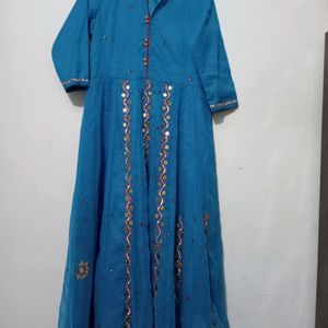 Anarkali Blue Dress With Mirror Work & Embroidery