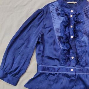 Korean Navy Blue Lace Shirt Top