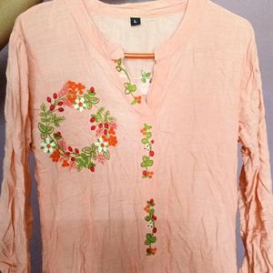 hand worked peach flared sleeves kurti for women