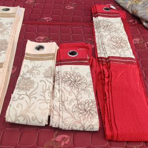 4 Curtains,  red and cream color