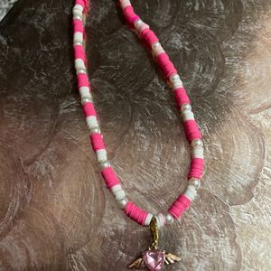 Pink Fimo Beads With Angel Heart Wing Necklace