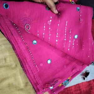 Chiffon Rose Pick Saree With Stitched Blouse