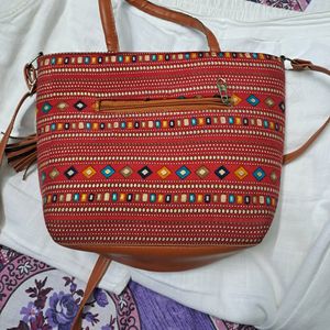 Red Multicolour Traditional Design Sling Bag