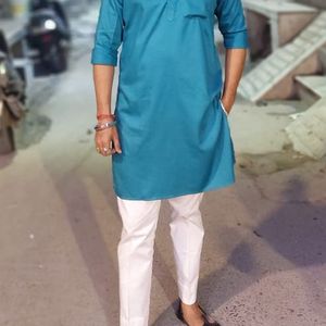 Cyan Sky Blue Kurta With White Pent