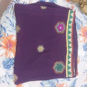 New Violet Saree With Embroidered Flowers