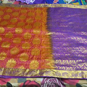 Orange And Violet Pure Silk Saree