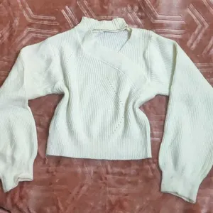 White  Neck Cut Sweater  With Puff Hands