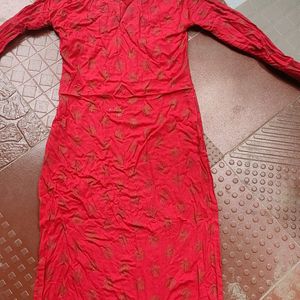 Golden Printed Red Cotton Kurta