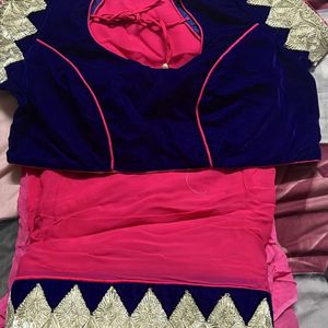 Blue And Pink Saree With Borders