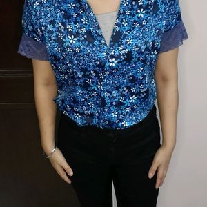 Women Blue Floral Printed Lace Shirt