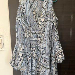 Off Shoulder Blue Print Dress