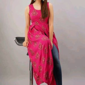 Women Printed Cotton Rayon Frontslit kurta (pink,)