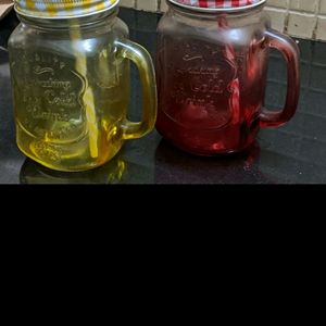 Set of 2 Mason Jar Glass Cups with Straws & Lids