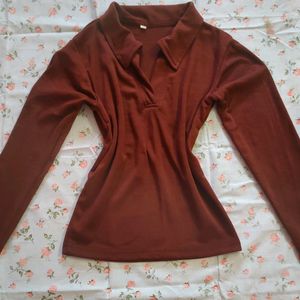 Coffee Brown Long Sleeve Collar Top