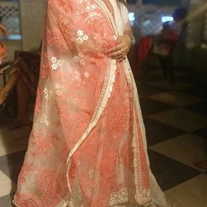 White Chikan Kari Work Heavy Gown With Dupatta