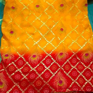 Yellow And Red Bandhani Festive Saree