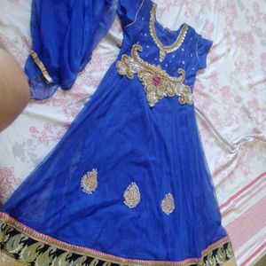 Rich Embroidery Blue Net Dress With Duppata