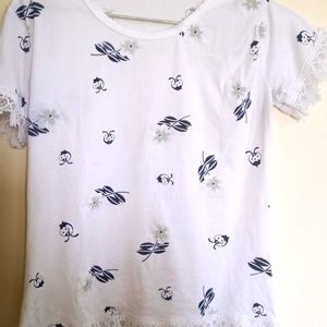 White Colour Printed T Shirt For Women