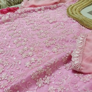 Pink Suit Set With Mirror Work & Thread