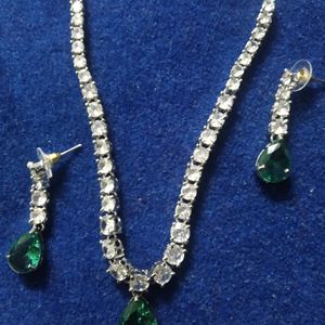 Dark Green American Diamond Necklace And Earrings