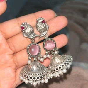 Peacock Jhumkhas Pearls Oxidised Silver Ethnic