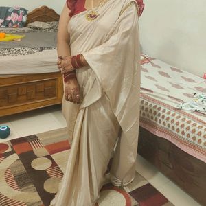 Beige Saree With Coin Border Stitch Mehroon Blouse