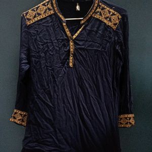 Navy Blue Cotton Top With Thread Embroidery -m/L