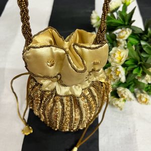 Embroidery Golden Potli Handbag/Clutch For Women