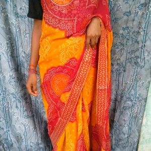 Beautiful Orange Bandhani Print Saree