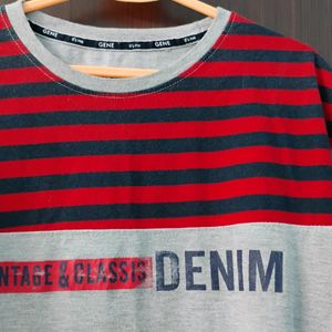 Grey With Red/Black Stripe Cotton Tshirt