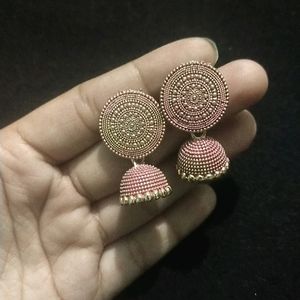 Pink Jhumka With Golden Touch