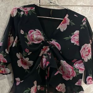 Black Flower Print Top Cum Crop Piece