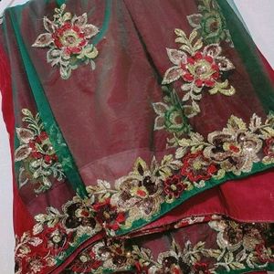 Maroon & Green Party Wear Saree Without Blouse