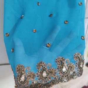 Teal Heavy Embroidery Saree With Blouse