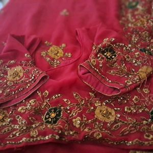 Dark Pink Saree With Embroidery Work No Ret