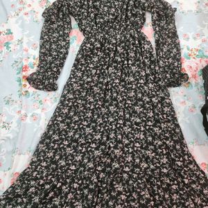 Mid Length Black Flowery Dress