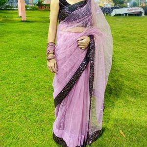 Net  Saree With Sequence Velvet Blouse Pie