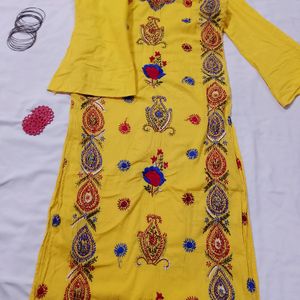 Yellow Embroidery Work Kurta Set