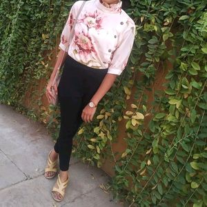 Floral Cream Colour Top With Pink And Brown Flower