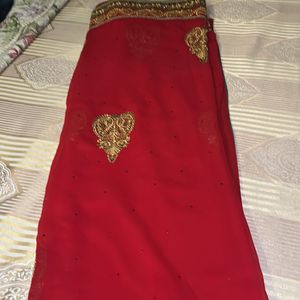 Embroidered Georgette Deep Red Saree