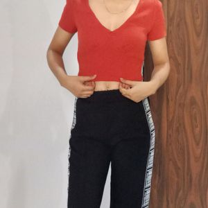 Ribbed Rust Orange V Neck Crop Top