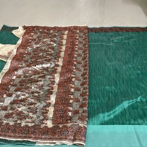 South Silk Saare, Green And Cream Colour Combination