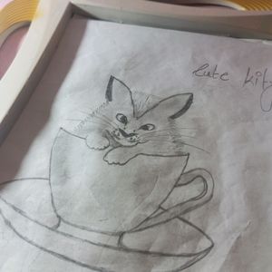 Cute Cat In Cup Sketch With Frame